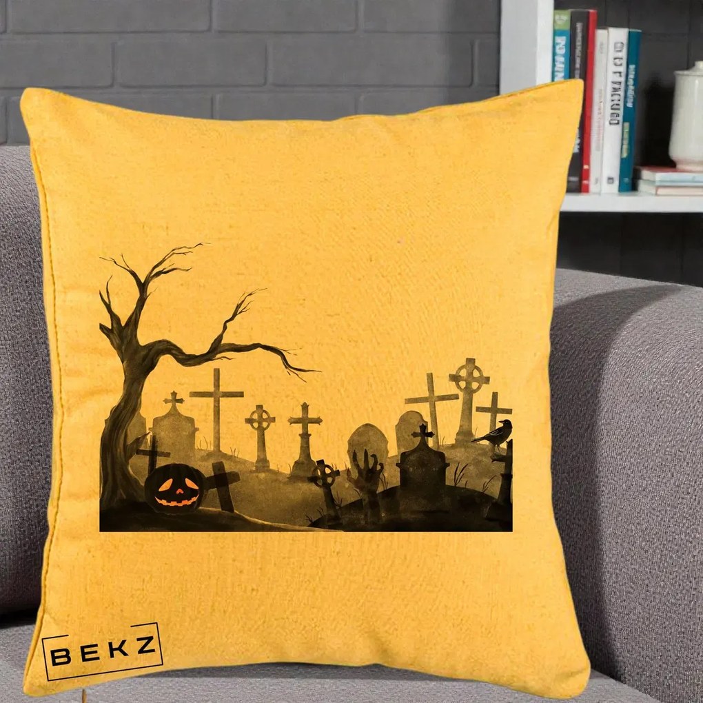 Perna Decorativa Halloween Cimitir Acuarela cu Dovleac, 40x40 cm, Galben, Husa Detasabila, Perna Inclusa, BEKZ®