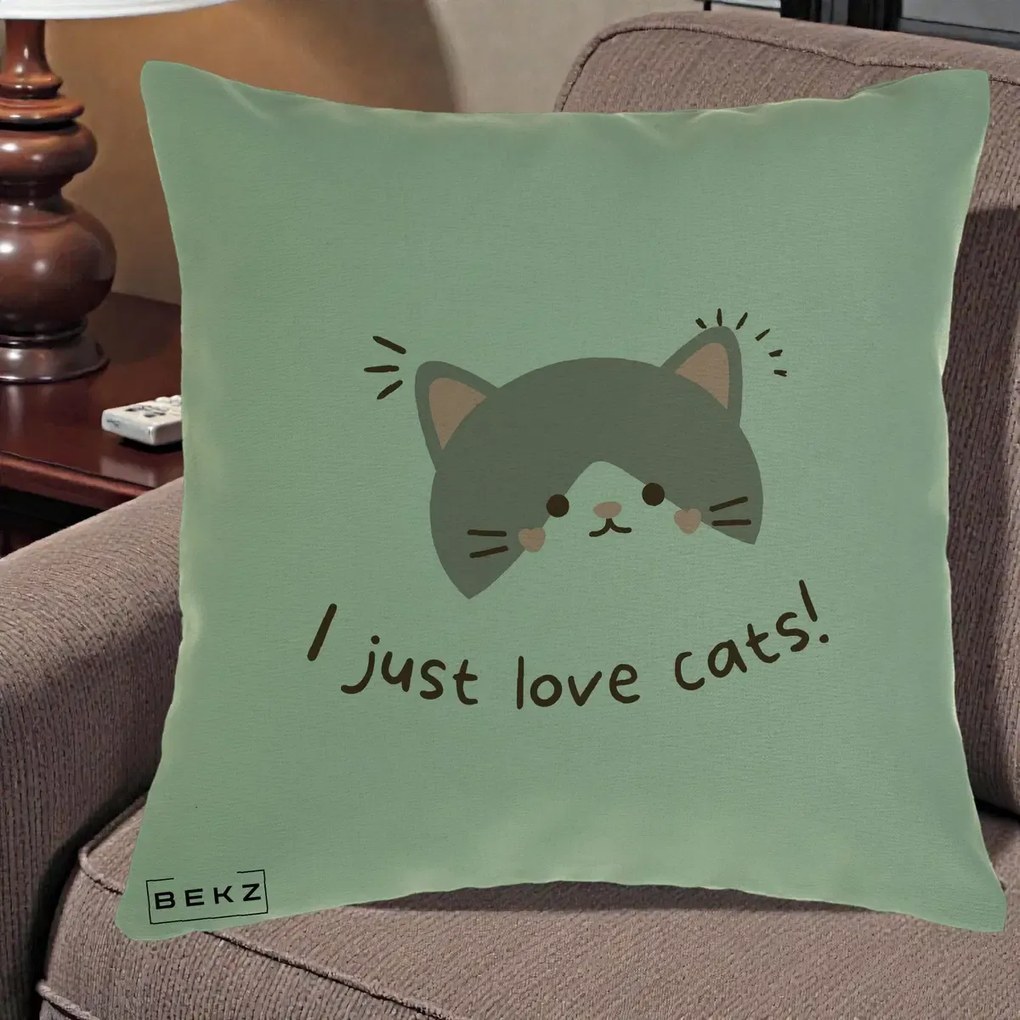 Perna Personalizata I Just Love Cats Pisica Kawaii, 40x40 cm, Verde, Husa Detasabila, Perna Inclusa, BEKZ®