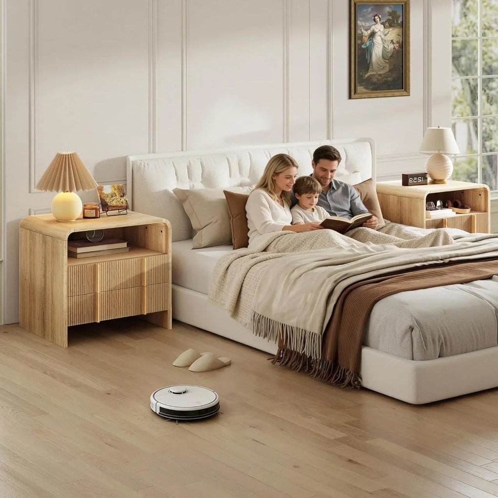 Set 2x Noptiere 55 x 40 x 60 cm, cu 2 sertare si raft, dormitor, Noptiere moderne cu Riflaj - NOM1