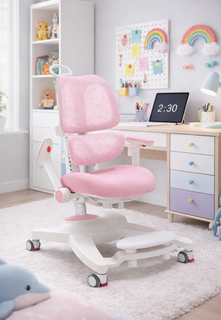 GROWFIT ERGO CARE JUNIOR PRO 360 – Scaun ergonomic reglabil pentru copii și adolescenți, cu spătar dublu adaptiv, suport lombar automat, cotiere 4D, roți cu blocare automată, ajustare completă 360°, Roz