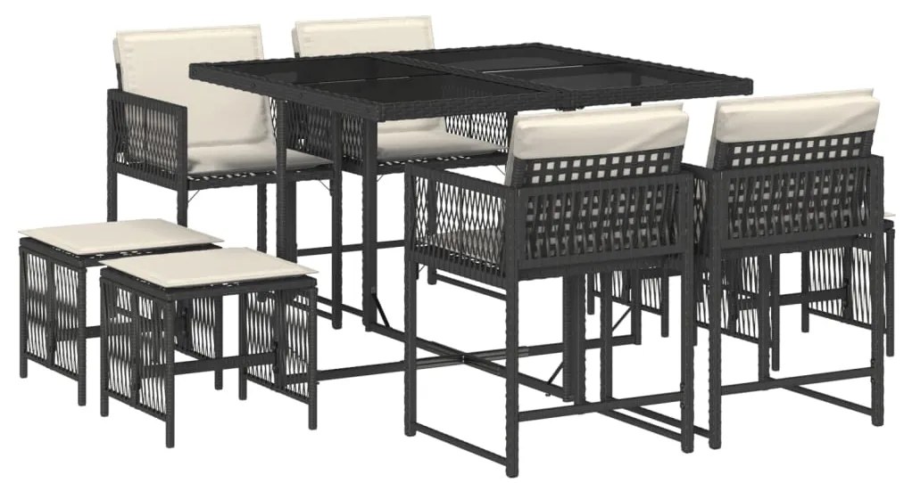 3211494 vidaXL Set mobilier de grădină cu perne, 9 piese, negru, poliratan