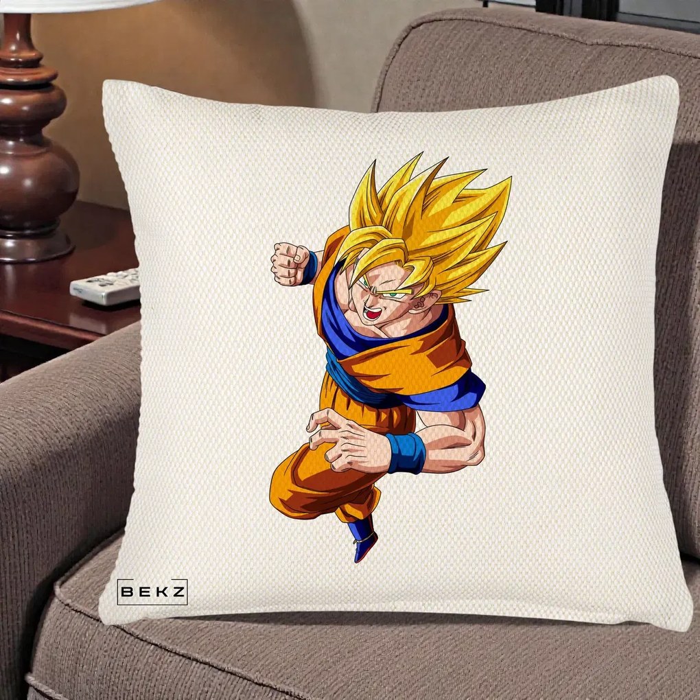 Perna Personalizata Dragon Ball Goku Super Saiyan 2 Lupta, 40x40 cm, Crem Reliefat, Husa Detasabila, Perna Inclusa, BEKZ®