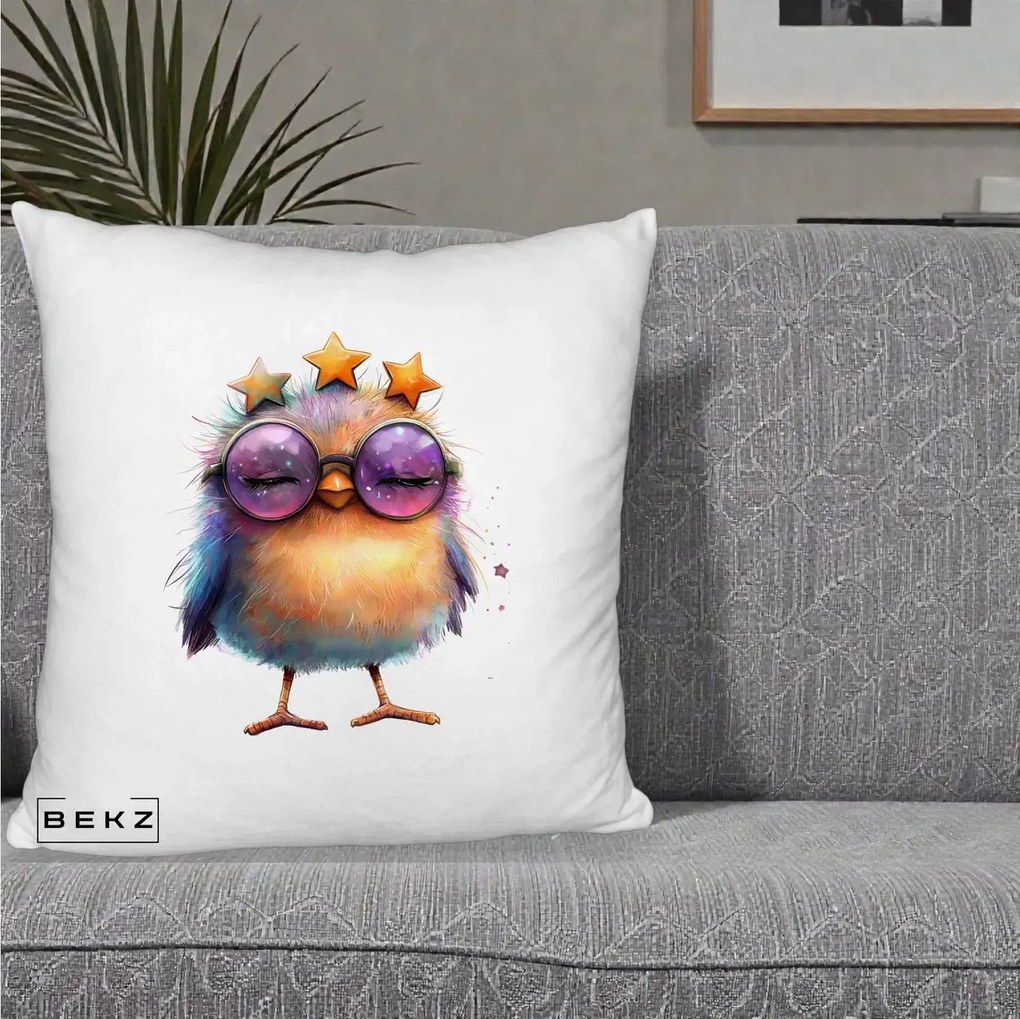 Perna Decorativa Pui Pop Star cu Ochelari Stele Violet, 40x40 cm, Alb Pufos, Husa Detasabila, Perna Inclusa, BEKZ®
