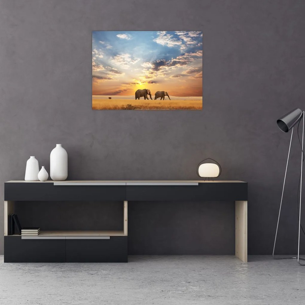 Tablou pe sticlă - Elefanți rătăcind în savană (70x50 cm)