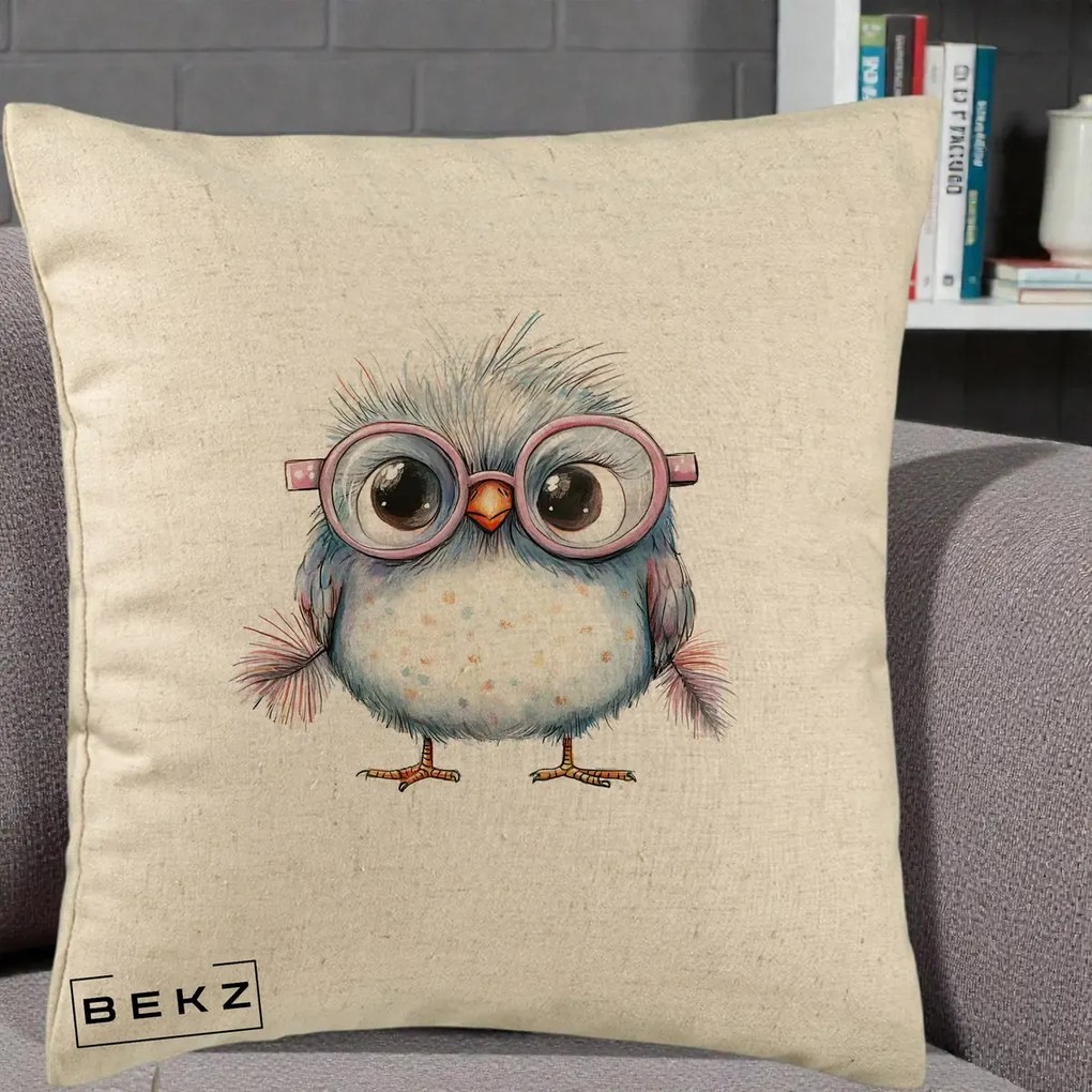 Perna Decorativa Pui Pufos cu Ochelari Roz, 40x40 cm, Bej, Husa Detasabila, Perna Inclusa, BEKZ®