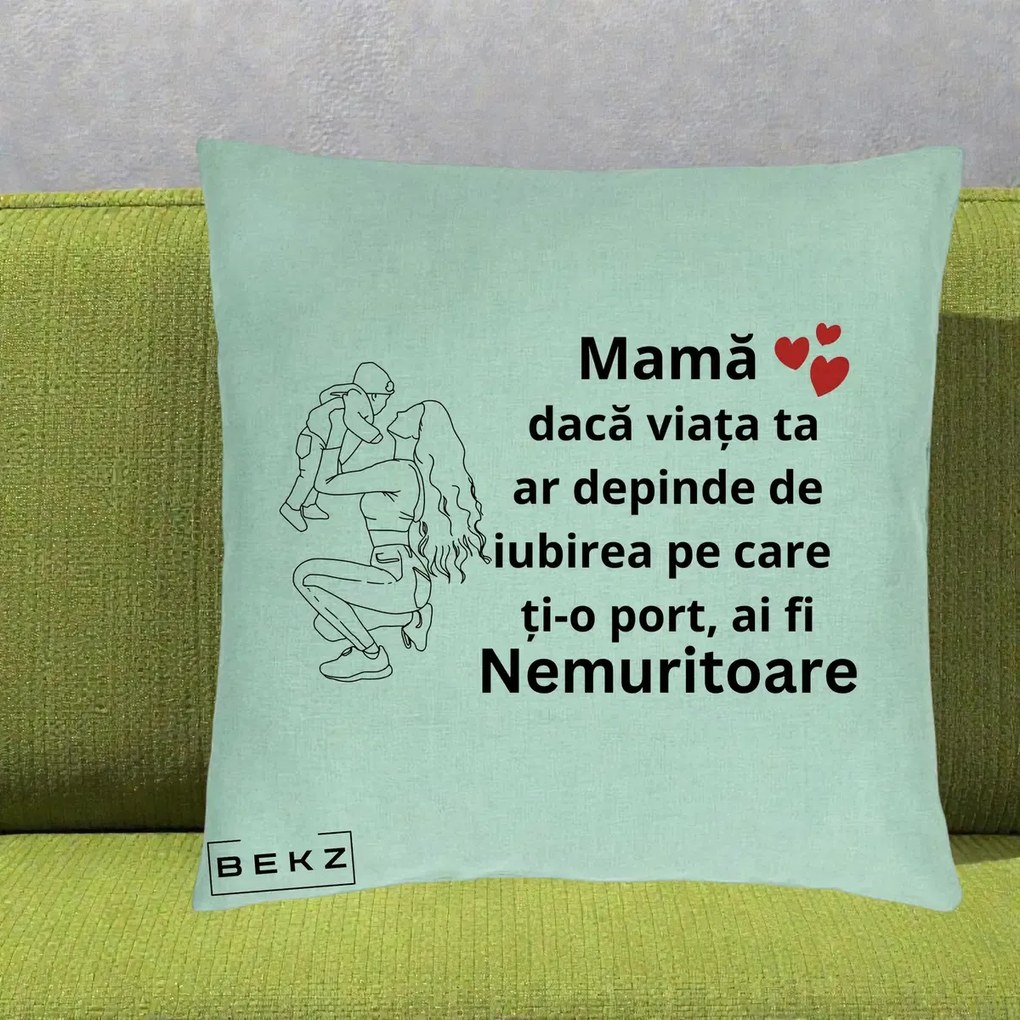 Cadou pentru Mama - Perna Personalizata Mama Nemuritoare Portret Graphic, 40x40 cm, Verde Menta, Husa Detasabila, Perna Inclusa, BEKZ®