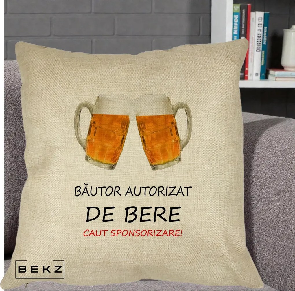 Perna Decorativa Bautor Autorizat de Bere, 40x40 cm, Crem, Husa Detasabila, Perna Inclusa, BEKZ®