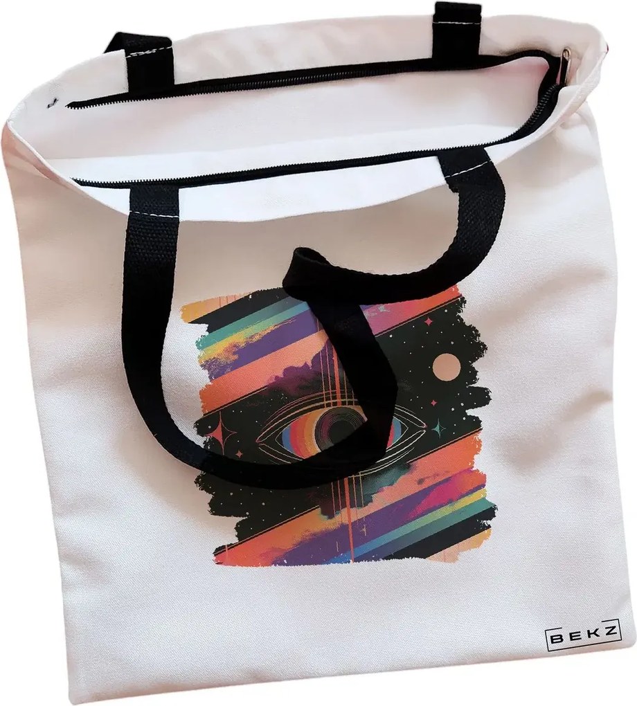 Sacosa de Panza pentru Cumparaturi, Geanta Tote, model Celestial Eye 11, Cu fermoar, 38x34.5 cm, Alba, BEKZ®