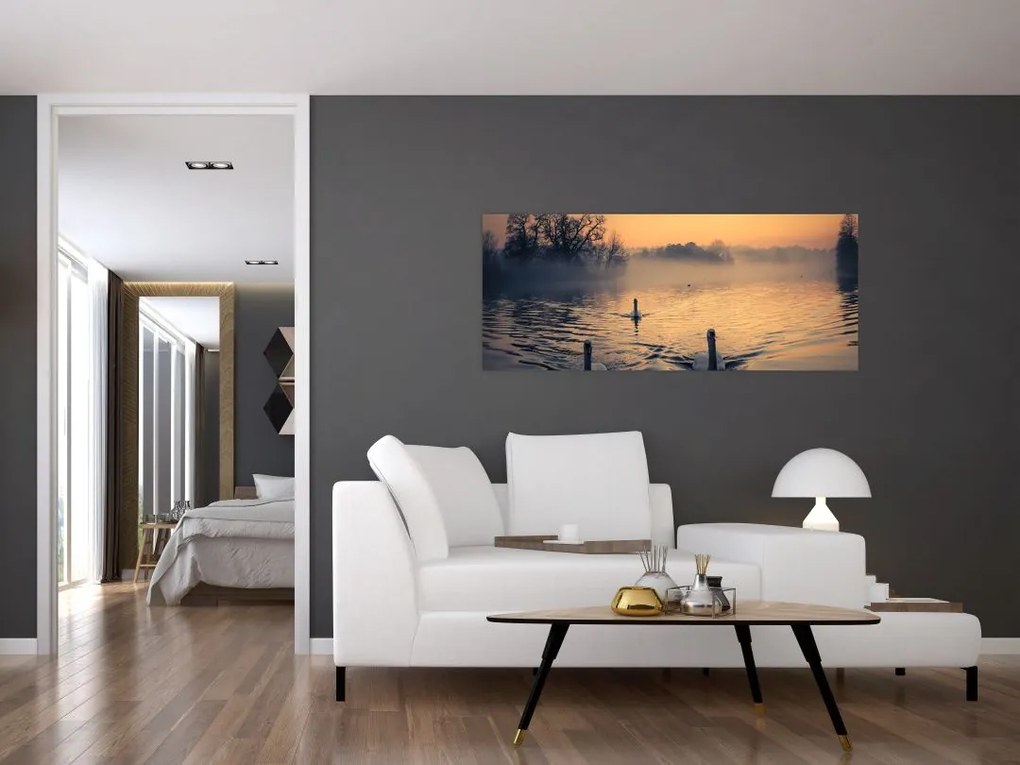 Tablou cu lebăde pe apă în ceață (120x50 cm)