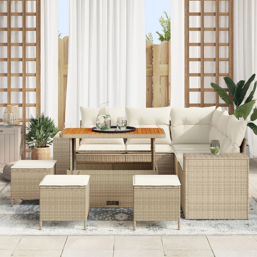 vidaXL Set de canapele pentru grădină , 8 piese, Bej, din rattan, poliester și lemn de acacia.