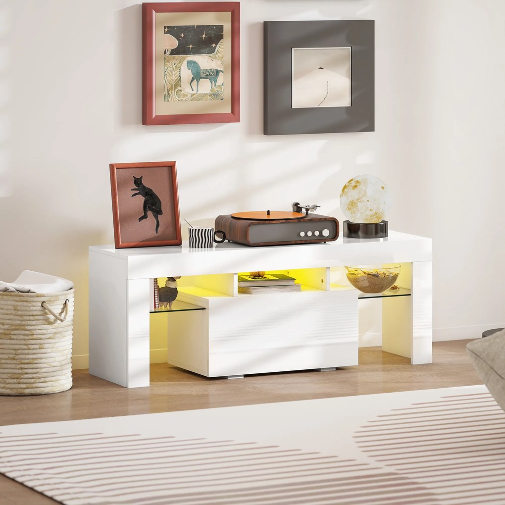 HOMCOM Dulap TV, mobilier TV cu iluminare LED RGB, finisaj ultra-lucios, rafturi din sticlă securizată, 120x34x45cm, alb | Aosom Romania