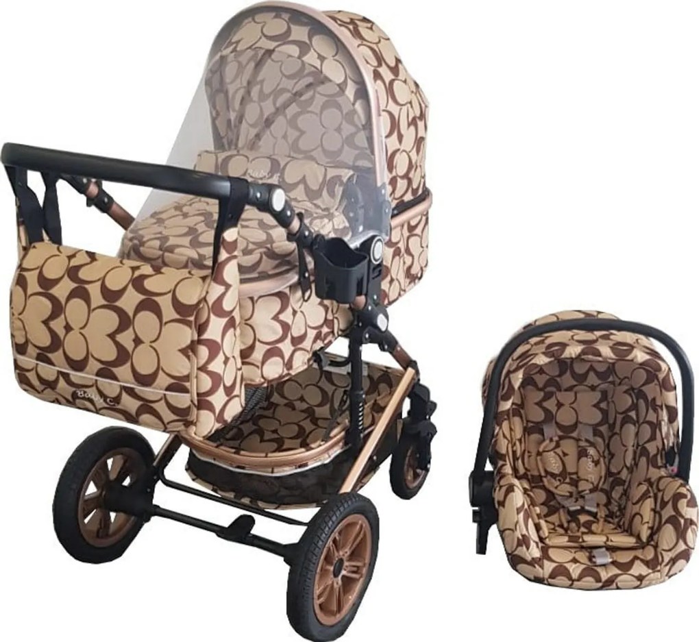 Carucior nou nascuti 3 in 1 Baby Care™ PRO 530 ,Cu geanta bebe, Cadru Aluminiu Gold, Amortizoare, Roti din cauciuc plin AVE, Landou, Scoica auto,