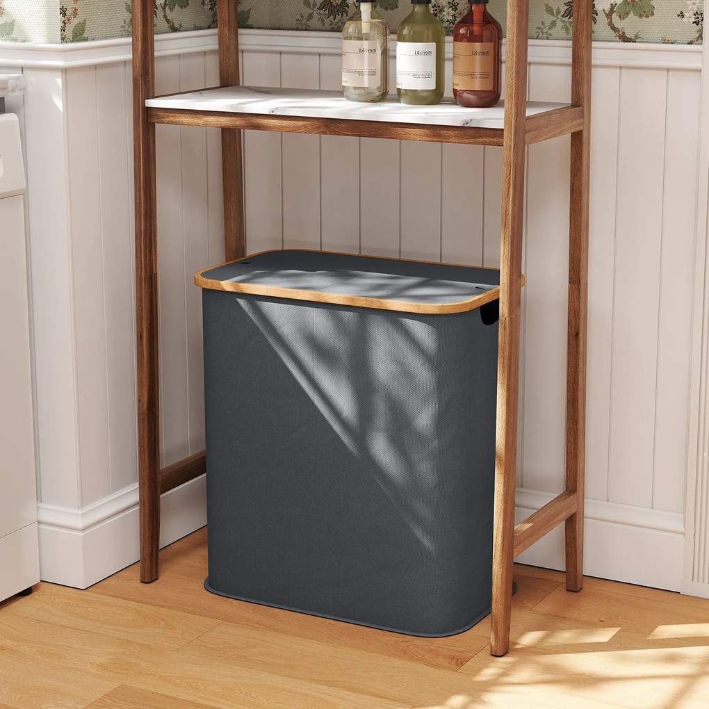 HOMCOM Coș de rufe dublu pliabil 80 l coș pentru rufe murdare cu capac, mânere striate, gri | Aosom Romania