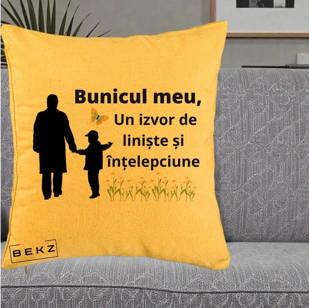 Cadou pentru Bunic - Perna Personalizata Bunicul Meu Izvor de Liniste cu Fluture si Baietel, 40x40 cm, Galben, Husa Detasabila, Perna Inclusa, BEKZ®
