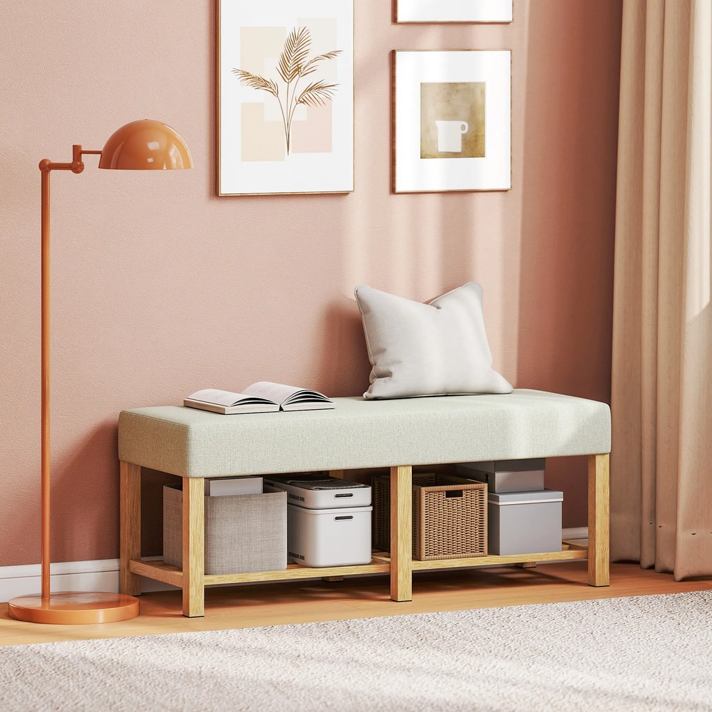 HOMCOM Banc pentru încălțăminte, banc de depozitare cu șezut capitonat, raft deschis, lemn de hevea, 120x44x48cm, lemn natural | Aosom Romania