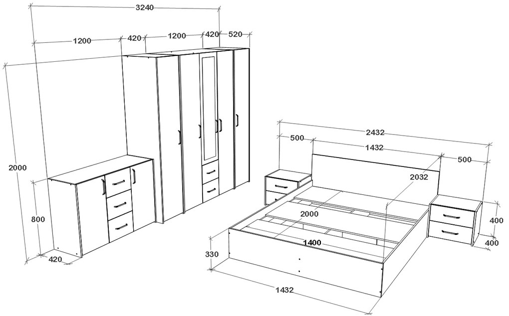 Set dormitor Malmo V9, Pat 200 x 140 cm, Stejar Artisan/Argila