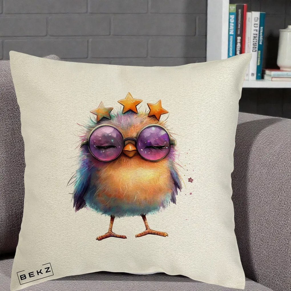 Perna Decorativa Pui Pop Star cu Ochelari Stele Violet, 40x40 cm, Ecru, Husa Detasabila, Perna Inclusa, BEKZ®