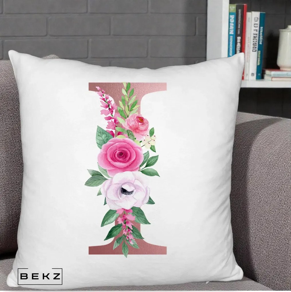 Cadou Personalizat - Perna Personalizata Monograma Rose Gold Litera I, 40x40 cm, Alb Pufos, Husa Detasabila, Perna Inclusa, BEKZ®