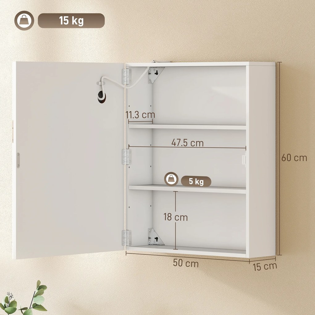 HOMCOM Dulap Baie cu Oglindă și LED, 50x15x60 cm, Anti-Aburire, Rafturi Reglabile, 3 Temperatură de Lumină, Dulap Suspendat din MDF, Alb | Aosom Romania