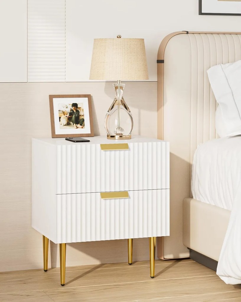 NOA62 - Set 2 Noptiere albe 50 cm, cu 2 sertare, dormitor - Alb-Auriu