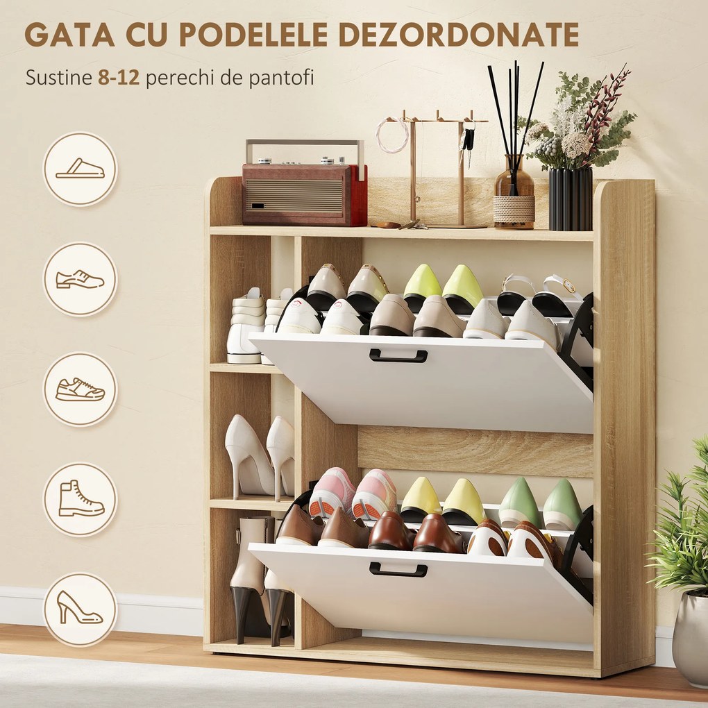 HOMCOM Dulap Slim pentru Pantofi cu 2 Sertare Rabatabile și 3 Compartimente, Capacitate 15 Perechi, 83x24x90,5 cm, Lemn și Alb | Aosom Romania