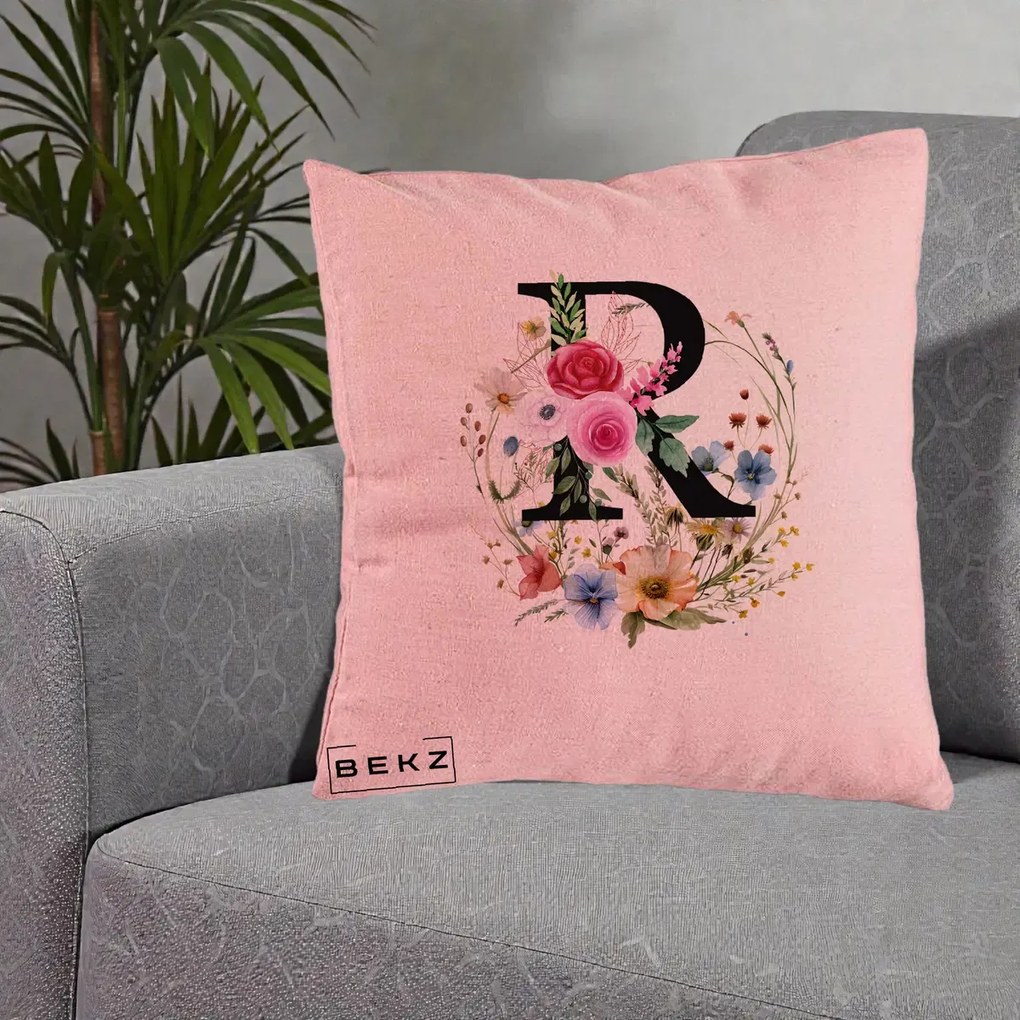 Cadou Personalizat - Perna Personalizata Monogram Litera R cu Flori Acuarela, 40x40 cm, Roz, Husa Detasabila, Perna Inclusa, BEKZ®