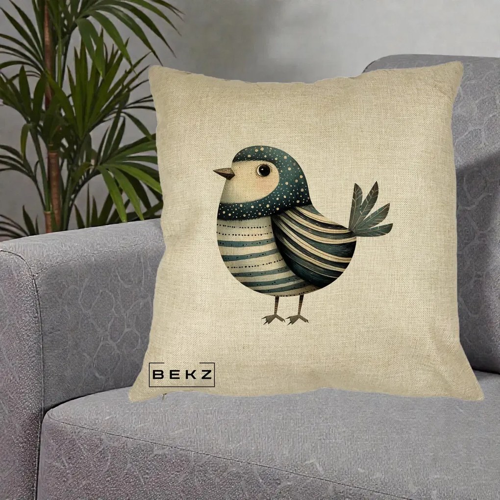 Perna Decorativa Pasare Teal Decorativa Dungata, 40x40 cm, Crem, Husa Detasabila, Perna Inclusa, BEKZ®