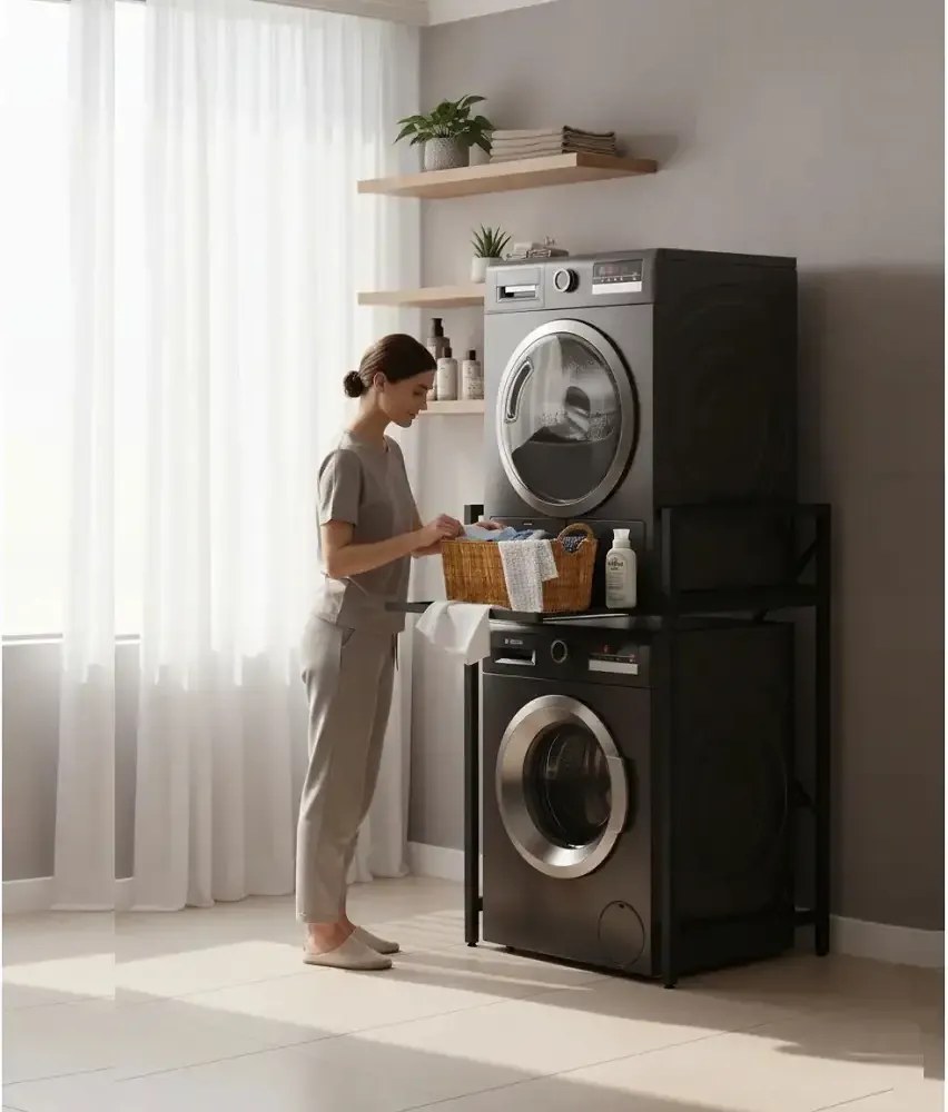 Suport raft pentru mașină de spălat și uscător cu sertar,negru