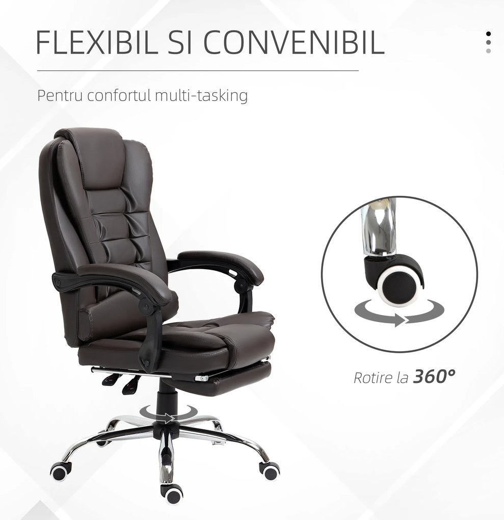 HOMCOM Fotoliu de Birou Rotativ cu Spătar și Înălțime Reglabilă și Suport pentru Picioare,  64,5x69x117 cm, Maro | Aosom Romania
