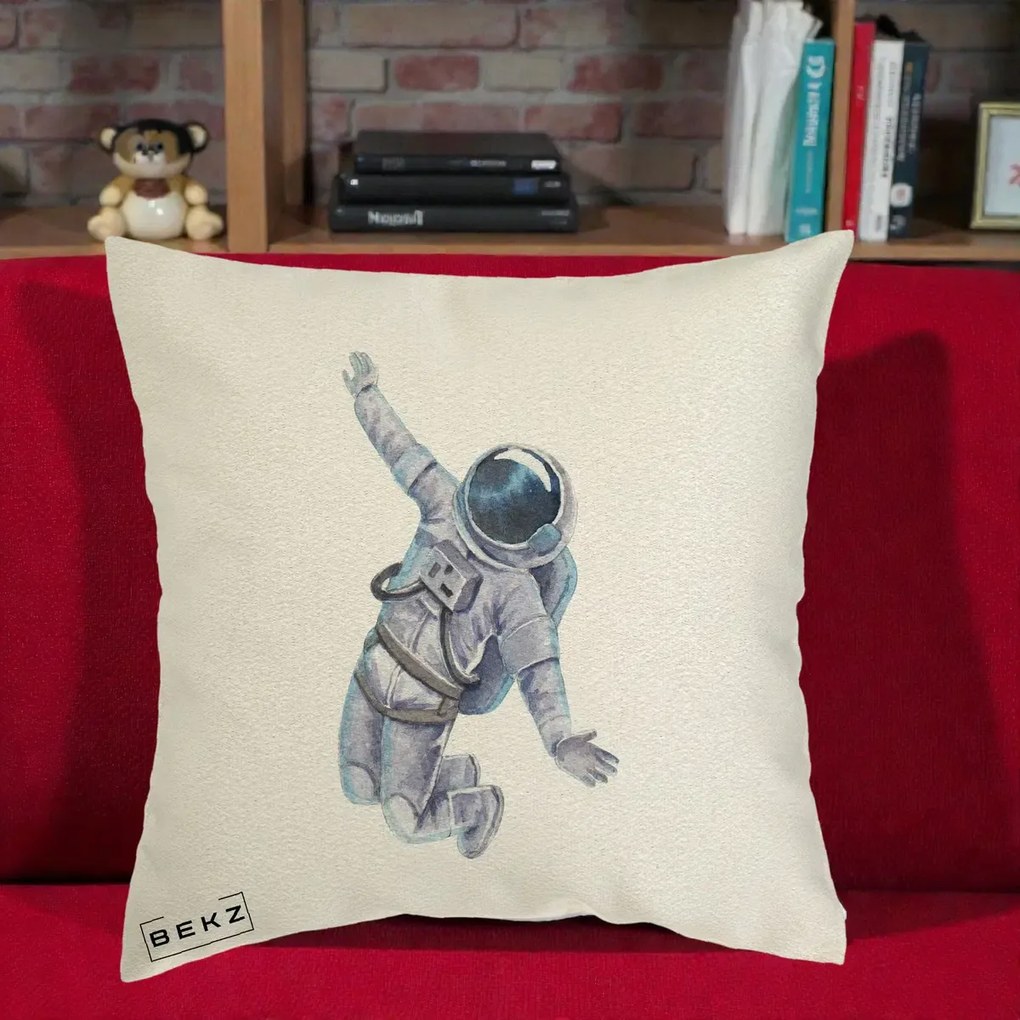 Perna Decorativa Astronaut Acuarela Zbor, 40x40 cm, Ecru, Husa Detasabila, Perna Inclusa, BEKZ®