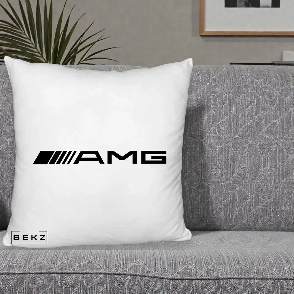 Perna Personalizata cu emblema Mercedes-AMG, 40x40 cm, Alb Pufos, Husa Detasabila, Perna Inclusa, BEKZ®
