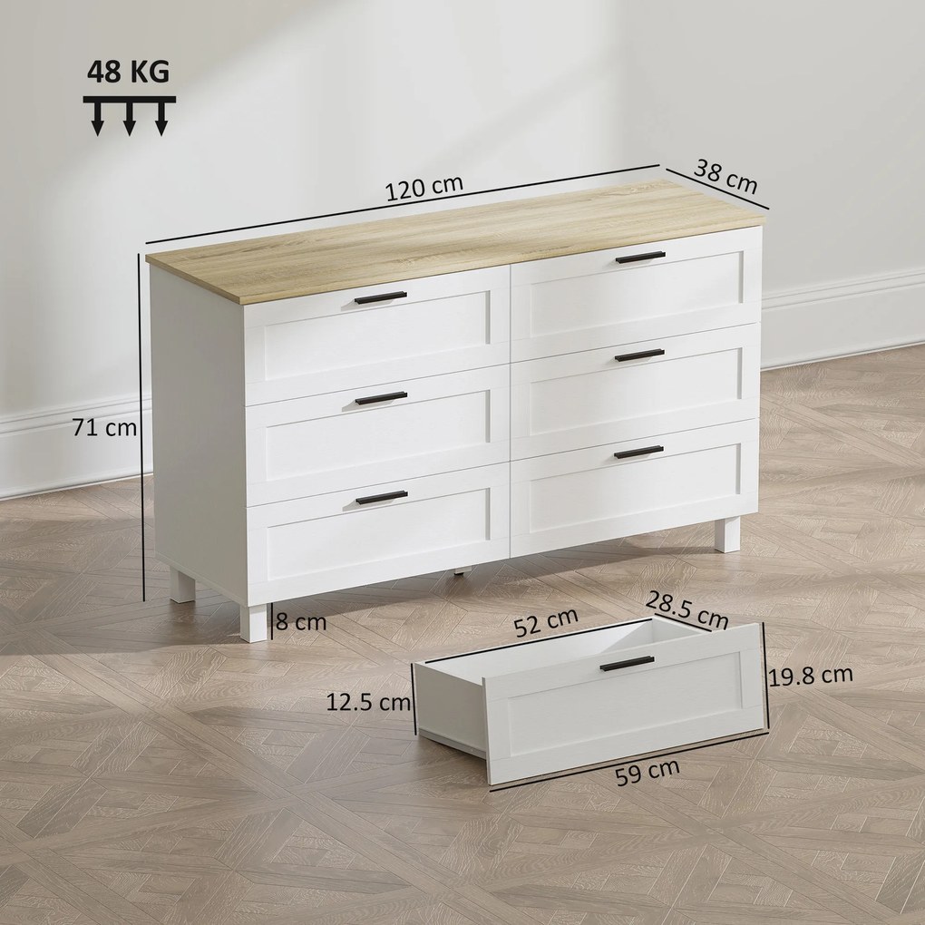 HOMCOM Comodă cu 6 Sertare Modernă din PAL, Lemn de Pin și MDF, 120x38x71 cm, Alb și Culoare Lemn | Aosom Romania