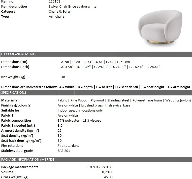 Fotoliu pivotant design elegant Brice, alb avalon 115168 HZ