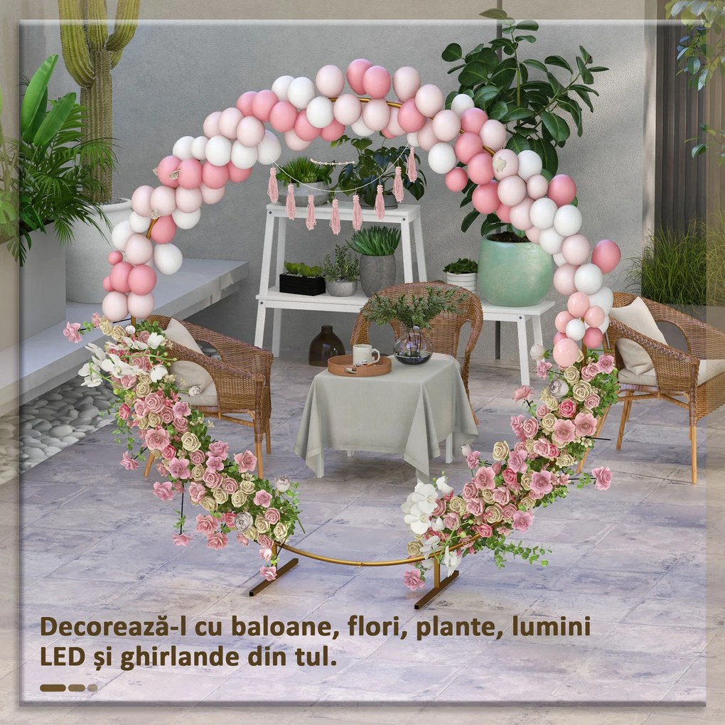 Outsunny Arc de Grădină din Oțel Auriu – Arc Decorativ Rotund pentru Baloane, Plante Cățărătoare, Flori – Pentru Nunți, Aniversări, Ceremonii – 2,24 m | Aosom Romania