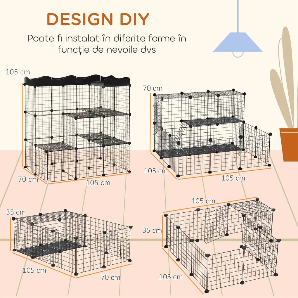PawHut Țarc Modular pentru Animale de Talie Mică, cu Panouri și Accesorii, 105x70x116 cm, Negru | Aosom Romania