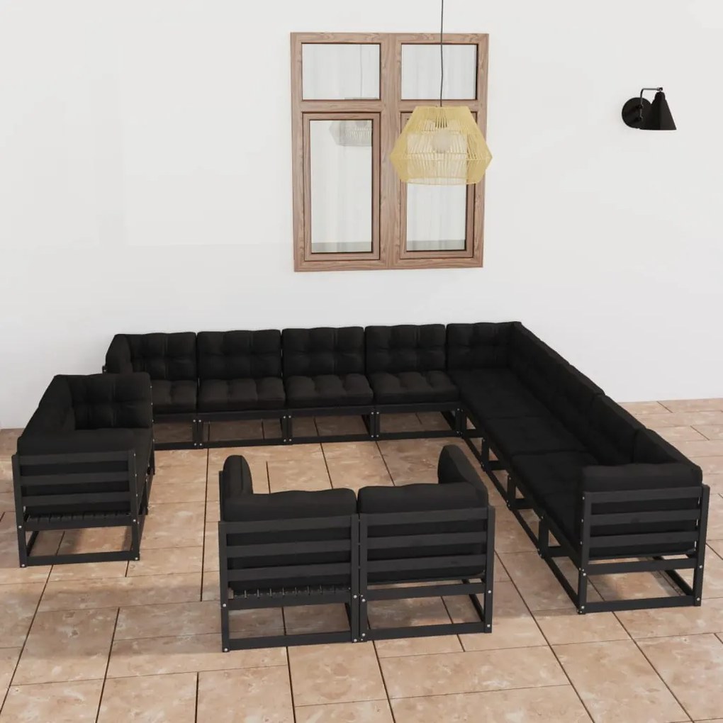 Set mobilier grădină cu perne, 13 piese, negru, lemn masiv pin