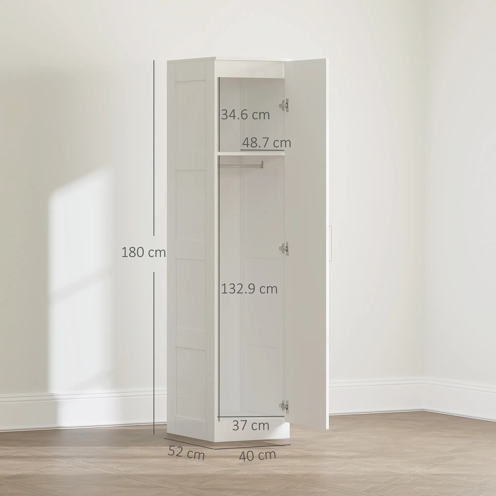 HOMCOM Șifonier Multifuncțional cu Șină pentru Haine, Raft, Ușă cu Închidere Ușoară 40 x 52 x 180 cm Alb | Aosom Romania