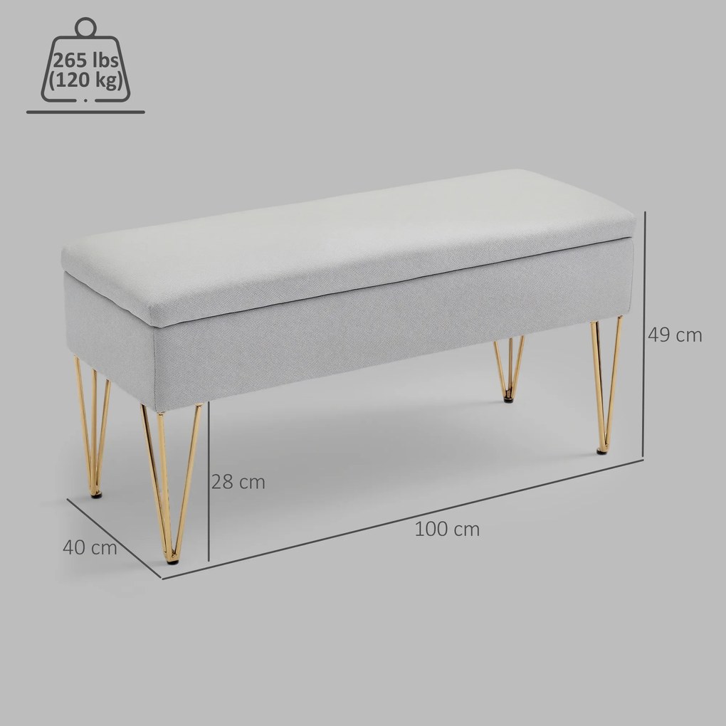 HOMCOM Bancă cu Depozitare din Material Textil și Picioare din Oțel, 100x40x49 cm, Gri Deschis | Aosom Romania