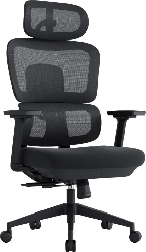 Scaun ergonomic premium Kino-H, spătar reglabil pe înălțime, suport lombar reglabil, tetieră 3D, cotiere 3D, șezut glisant, reclinare 125°, Mesh + Textil, Negru