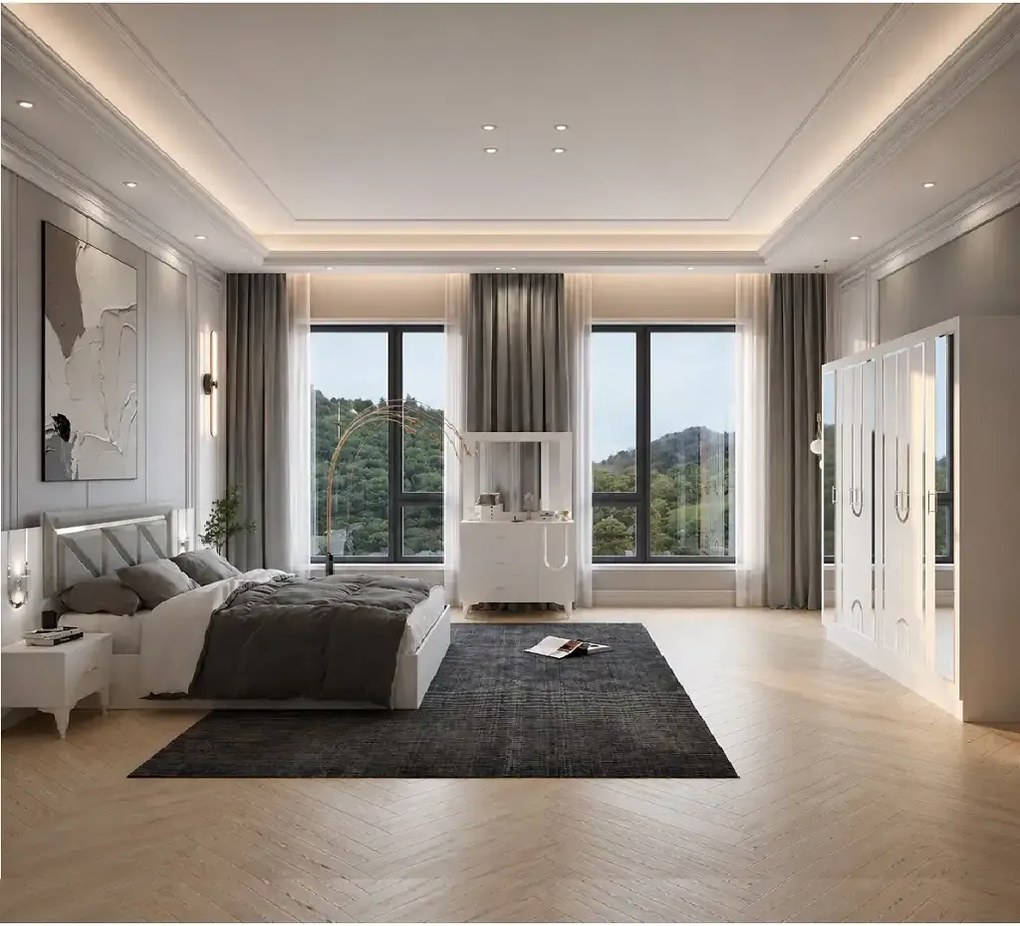 Dormitor Carolina, sifonier, comoda, noptiera, pat cu lada Homs, alb, 220x210x50 cm