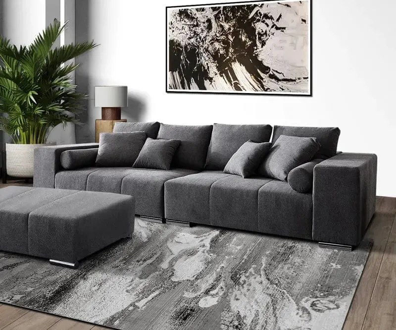 Canapea extensibilă dumonde cu ladă de depozitare si sezut confortabil din spuma high-density, Marbela Enjoy Graphite XXL 295x100 cm cu taburet inclus