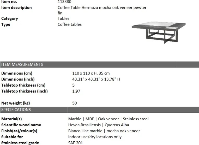 Masuta de cafea design LUX Hermoza 110x110cm 113380 HZ