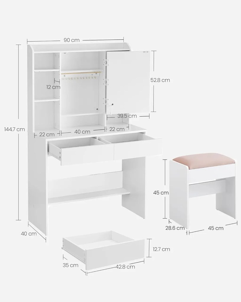 SEA81 - Set Masa toaleta, 90 cm, masa machiaj cu oglinda LED, Organizator Bijuterii, cosmetica, masuta vanity - Alb