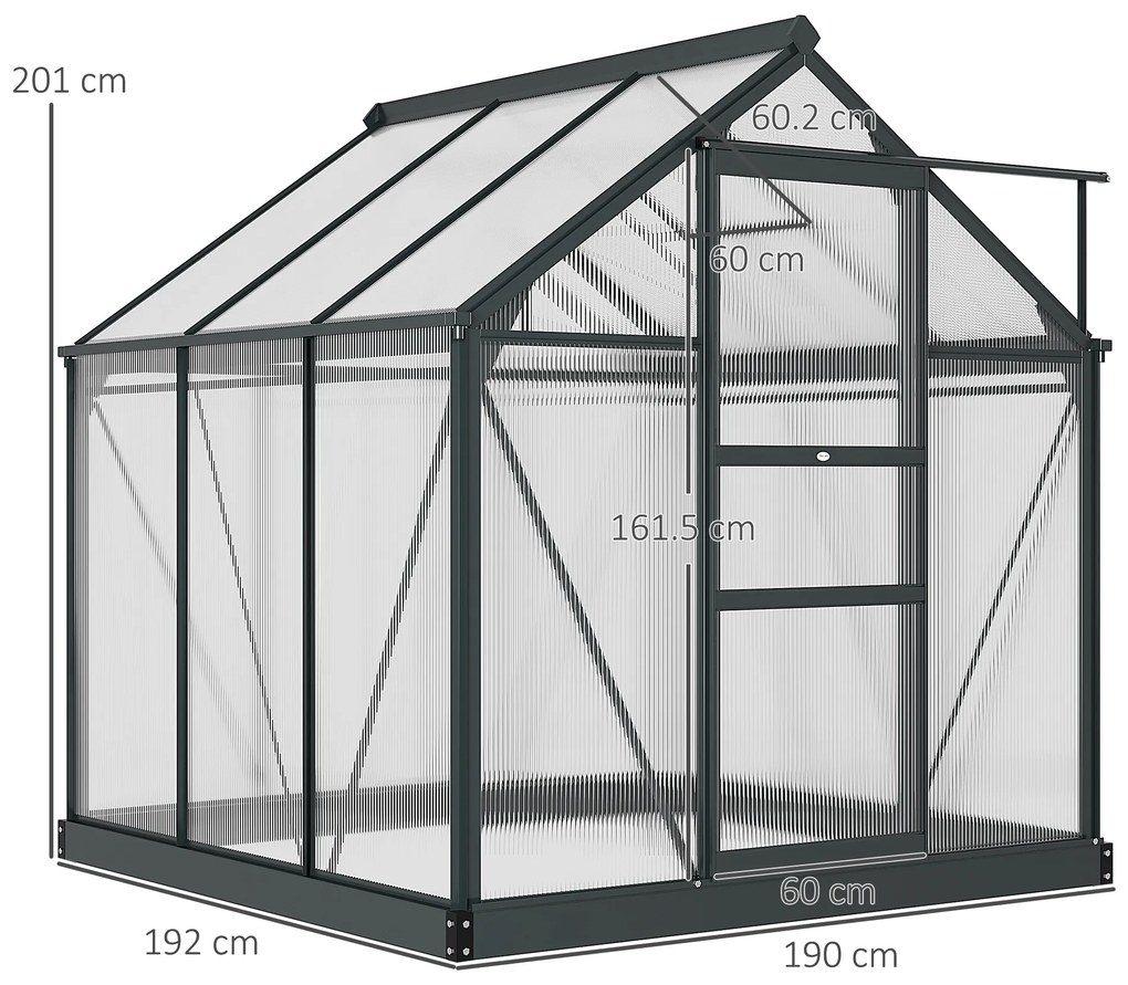 Outsunny Seră de Grădină, Seră din Policarbonat și Aluminiu cu Ușă Culisantă, Ventilație pe Acoperiș și Jgheab, 190x192x201 cm, Gri