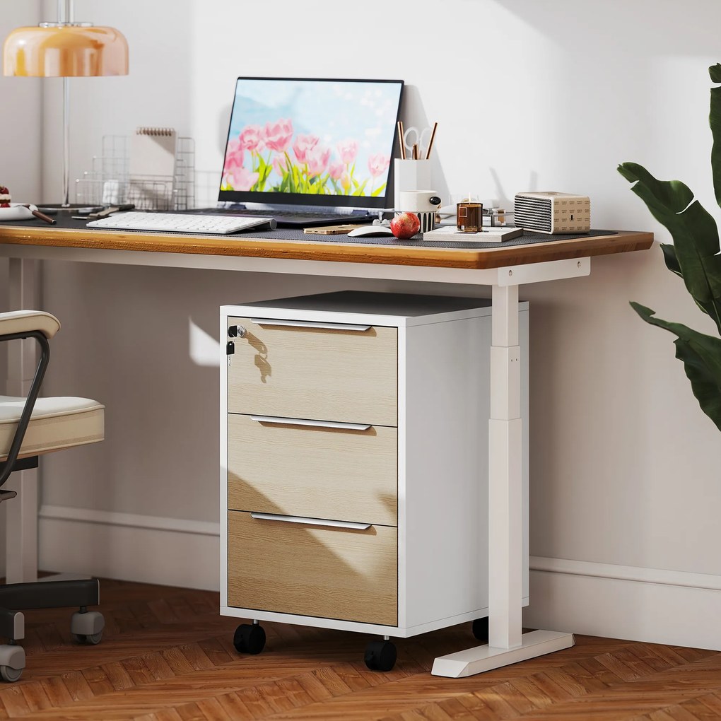 HOMCOM Dulap de Birou cu 3 Sertare, 4 Roți, Comodă de Birou cu Sistem de Blocare și 2 Chei pentru Documente Format A4, Dulap Vertical pentru Studiu, 40x40x63.5 cm, Alb și Stejar | Aosom Romania