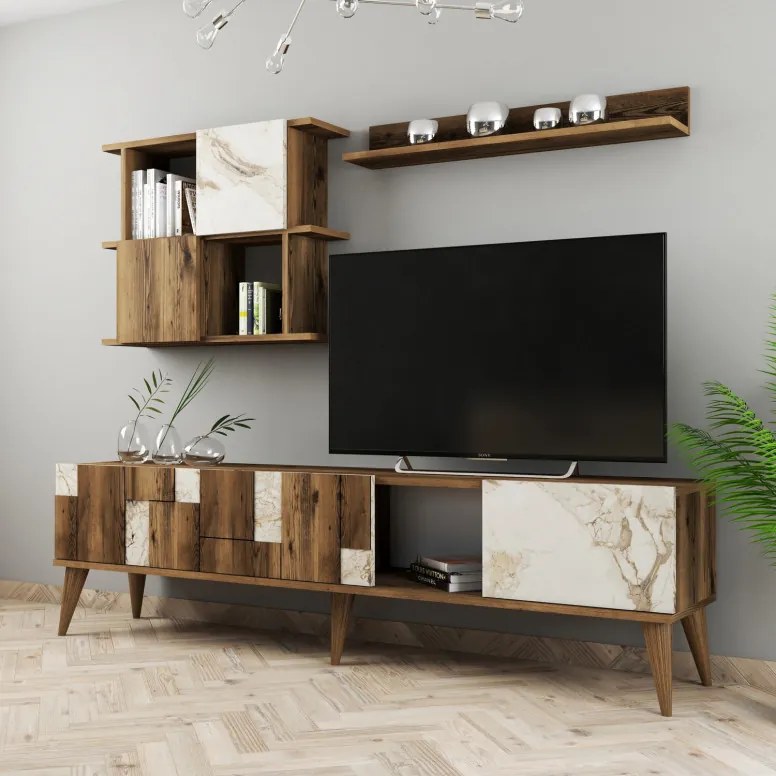 Ansamblu Comoda TV Madrid Alb-Walnut