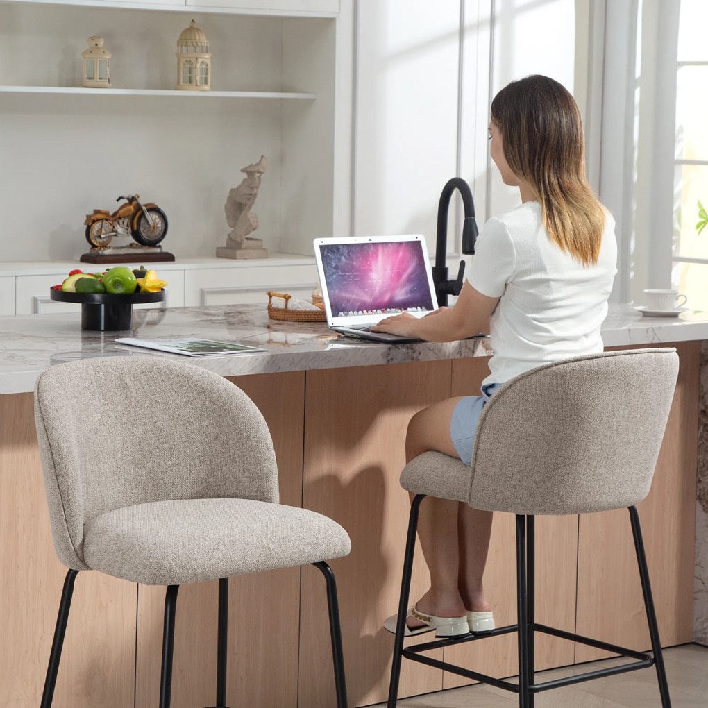 HOMCOM Set 2 Scaune de Bar cu Spătar și Suport pentru Picioare, Acoperire din Material Textil și Picioare din Oțel, Gri | Aosom Romania