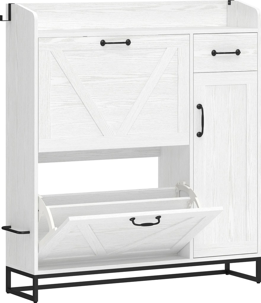 HOMCOM Pantofar îngust cu 2 sertare basculante și polițe reglabile pentru 12 perechi, pentru spații reduse, 106,7x26x116 cm, Alb | Aosom Romania