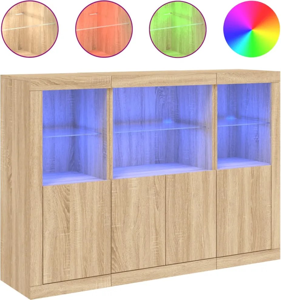 vidaXL Servantă cu lumini LED, 3 buc., stejar sonoma, lemn prelucrat