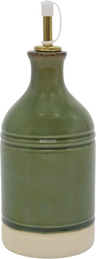 Olivieră din ceramică antichizată verde, pentru oțet , cu dozator metalic auriu, 23×8,5 cm, „Mireille"